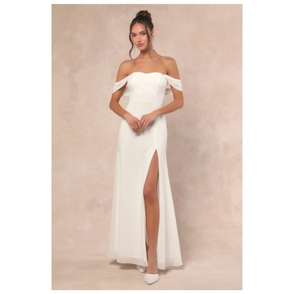 Lulu's White Off-the-Shoulder Wedding Gown with Thigh Slit